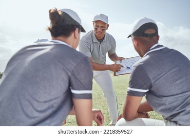 Happy baseball coach, team or strategy for planning on paper clipboard for match exercise, event training or game workout on field. Coaching, motivation or teamwork fitness for sports or health goals - Powered by Shutterstock