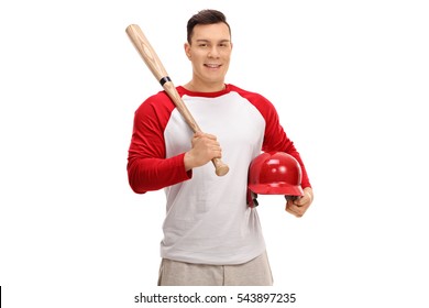 Happy baseball player holding a bat and a helmet isolated on white background - Powered by Shutterstock