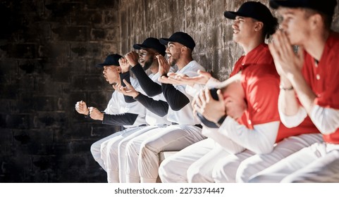 Happy baseball winner, sport or team in celebration of fun game victory, competition success or goals together. Winning homerun, sad loss or softball players excited for teamwork in dugout by losers - Powered by Shutterstock