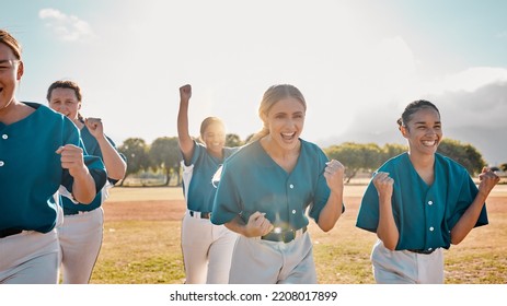 Happy, baseball women team and winner with success fitness team, winning and celebration together after sports game. Teamwork, smile and softball girls on field celebrating sport tournament victory. - Powered by Shutterstock