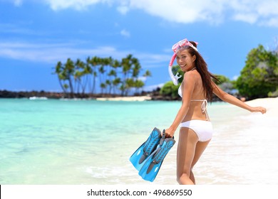 Happy Beach Vacation Girl Having Fun Doing Snorkel Watersport Activity In Caribbean Ocean. Asian Woman Enjoying Swimming In Tropical Destination Vacation Travel Holidays On White Sand Beach.