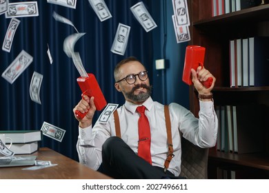 Happy Bearded Business Man Play Money Gun Shooting Banknote 