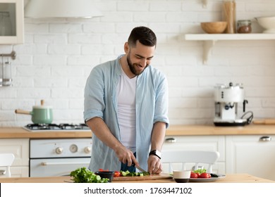 Happy bearded man chopping vegetables for cooking salad. Smiling handsome guy skillfully holding knife for preparing dinner or breakfast. Bachelor enjoying morning weekend with healthy breakfast.