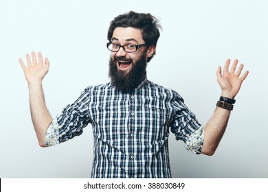Happy bearded man with glasses showing welcome sign isolated on white background. It programmer specialist welcomes you