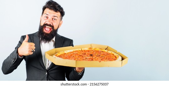 Happy Bearded Man In Suit With Pizza Shows Thumb Up. Business Lunch. Italian Food. Pizza Delivery.