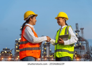 Happy beautiful Asian woman engineers using digital tablet working and shaking hands together after going through routine checks, late a night shift at petroleum oil refinery in industrial estate. - Powered by Shutterstock