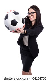 Happy Beautiful Business Woman With Soccer Ball Isolated On White Background