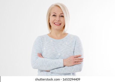 Happy Beautiful Close Up Portrait Middle Age Blonde Woman. Mid Aged Healthy Female Isolated On White Background With Copy Space. Menopause And Healthcare. Mature Lady Wrinkled Face. Folded Hands