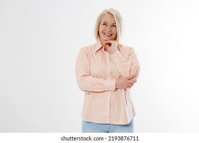 Happy Beautiful Close Up Portrait Middle Age Blonde Woman. Mid Aged Healthy Female Isolated On White Background With Copy Space. Menopause And Healthcare. Mature Lady Wrinkled Face. Folded Hands