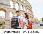 happy beautiful couple in front of coliseum in Pula Croatia. travel concept