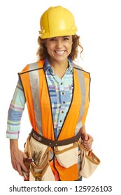 Happy Beautiful Female Construction Worker Isolated On White Background