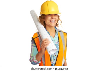 Happy Beautiful Female Construction Worker Isolated On White Background