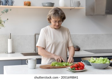 Happy beautiful middle aged mature retired woman in eyewear chopping fresh leaves, preparing healthy vegetarian salad, enjoying cooking alone in modern kitchen, hobby activity at home concept. - Powered by Shutterstock