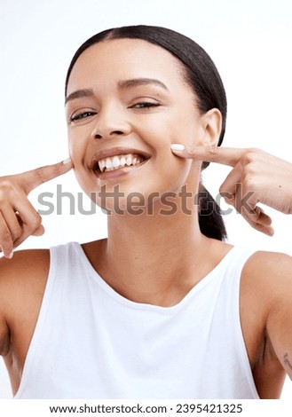 Happy, beautiful and portrait of a woman for beauty isolated on a white background in a studio. Smile, skincare and face of a young model looking confident about clear complexion and smooth skin