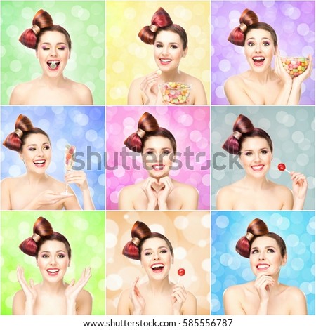 Happy beautiful smiling teenage girl with a candy lollipop on bright bubble background. Portrait collection.