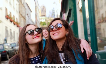 Happy Beautiful Student Girls In Paris On The Street