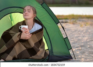 Happy Beautiful Woman Enjoys Sunny Day In Nature. Concept Of Travelling, Hiking, Camping.