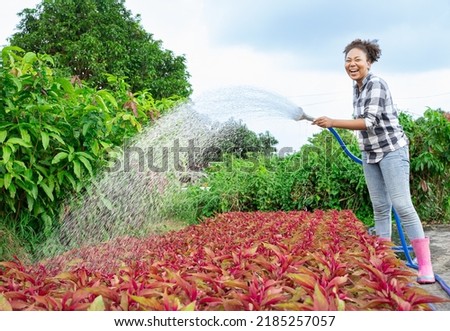 Happy Beautiful woman gardener in overalls waters green plants and flowers with a hose pipe in sunny industrial greenhouse. Gardening, profession and people concept.Summer Agriculture care concept.
