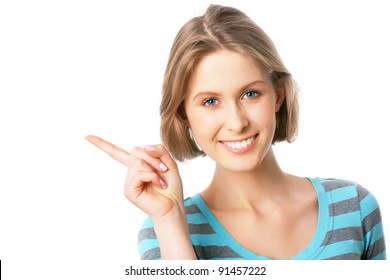 Happy Beautiful Woman Pointing Blank Board Stock Photo 91457222 ...