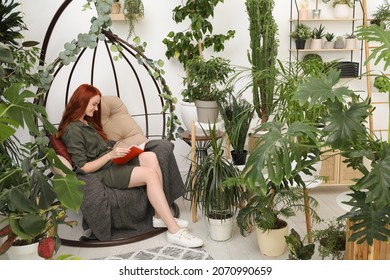 Happy Beautiful Woman Reading Book In Egg Chair At Home