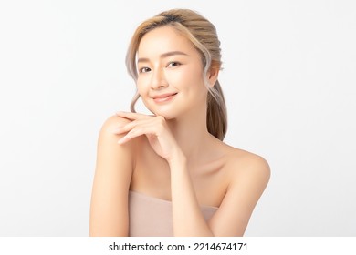 Happy beautiful young asian woman clean fresh bare skin concept. Asian girl beauty face skincare and health wellness, Facial treatment, Perfect skin, Natural make up. Isolated on white background. - Shutterstock ID 2214674171
