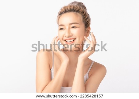 Happy beautiful young asian woman clean fresh bare skin concept. Asian girl beauty face skincare and health wellness, Facial treatment, Perfect skin, Natural make up. Isolated on white background.