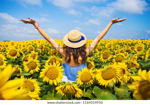 ひまわりの大きな野原に 麦わら帽子をかぶった幸せで美しい若い女の子が立っている 夏の時間 背面図 の写真素材 今すぐ編集