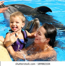 Happy beautiful young woman with a small child laughs and swims with dolphins in blue swimming pool on a clear sunny day
