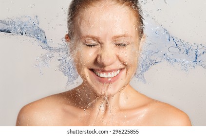 Happy Beauty Woman Skin Care, Washing With Splashes And Drops Of Water