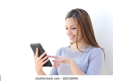 Happy Beauty Woman Texting On A Tablet On A White Background          