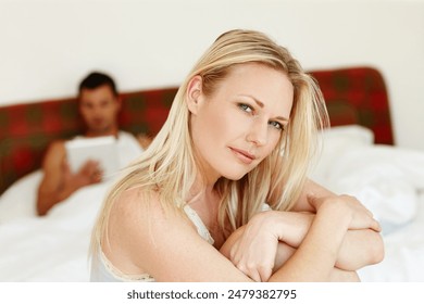 Happy, bed and portrait of woman in morning with tablet for relaxing, calm and chill on weekend. Marriage, couple and girl with man on digital tech in bedroom for relationship, bonding and calm - Powered by Shutterstock