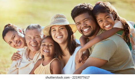 Happy, Big Family And Garden Picnic At The Park With Parents, Grandparents And Children Bonding In Nature Outdoors. Love, Happiness And A Family Reunion With Elderly People, Mother And Dad On Grass