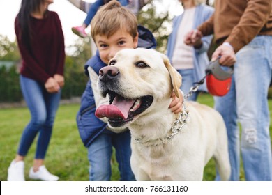 Happy Big Family With Labrador Retriever Dog Having Fun Together In Park