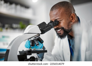 Happy biologist, microscope or laboratory scientist in plant growth analytics, food engineering or medical research. Smile man, worker or employee with science magnify technology for sustainability - Powered by Shutterstock