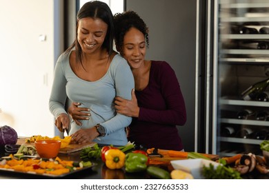 Happy biracial lesbian couple embracing and chopping vegetables in kitchen. Cooking, food, healthy lifestyle, lifestyle, relationship, togetherness and domestic life, unaltered. - Powered by Shutterstock