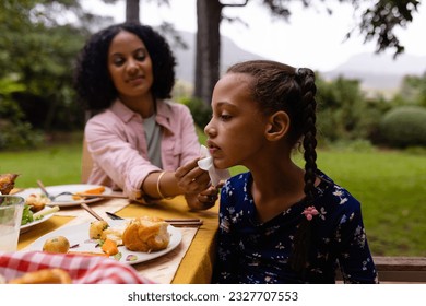 Happy biracial mother sitting at table cleaning her face of daughter during meal in garden. Motherhood, childhood, summer, family, food and lifestyle, unaltered. - Powered by Shutterstock