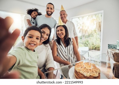 Happy Birthday Cake, Selfie And Big Family Celebration In Home With Portrait Smile For Memory Or Social Media Post. Puerto Rico People And Children At Grandparents Retirement Party With House Dessert