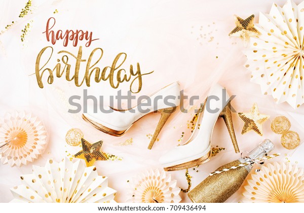 Happy Birthday Card Female Shoes Golden の写真素材 今すぐ編集