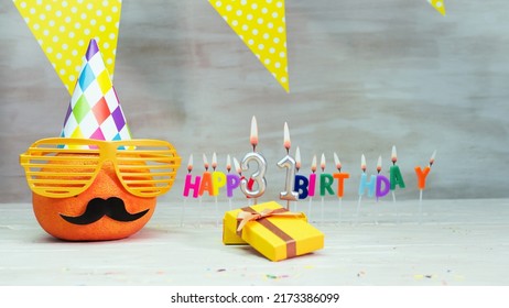  Happy birthday card with number 31. Copy space, beautiful birthday greeting character with mustache in glasses. Decorations with candles from numbers for a birthday