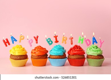 Happy Birthday Cupcakes On Pink Background Stock Photo (Edit Now) 526851301