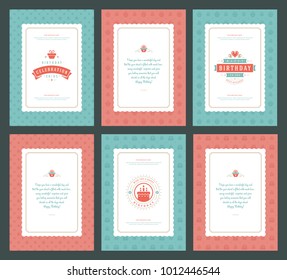 Happy Birthday greeting cards typographic design set vector illustration. Vintage birthday badge or label with wish message and pattern backgrounds. - Shutterstock ID 1012446544