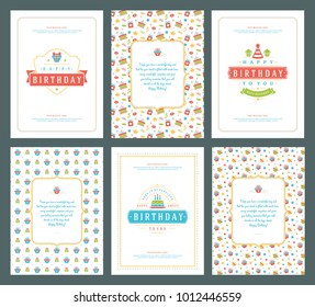 Happy Birthday greeting cards typographic design set vector illustration. Vintage birthday badge or label with wish message and pattern backgrounds. - Shutterstock ID 1012446559