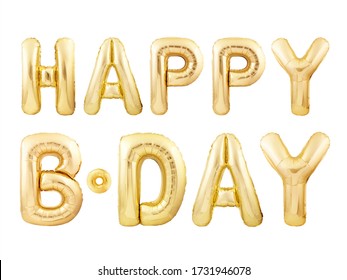 Happy Birthday message made of golden inflatable balloon letters isolated on white background. Happy birthday party balloons concept