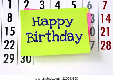 Happy Birthday On Stickers. Month Calendar And Stack Of Stickers With Inscription Happy Birthday, Reminder 