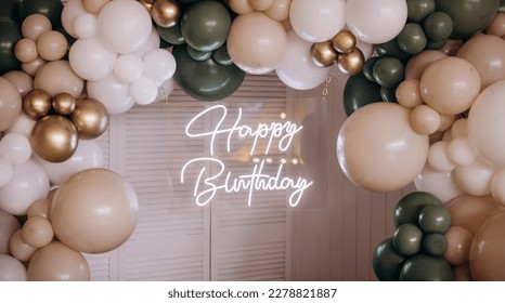 Happy birthday sign neon with balloons. Trendy style. Happy Birthday background. Neon sign. Custom neon. Party decor.