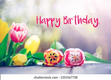 Happy Birthday Spring Flowers Tulips Lying Stock Photo 1355567738 ...