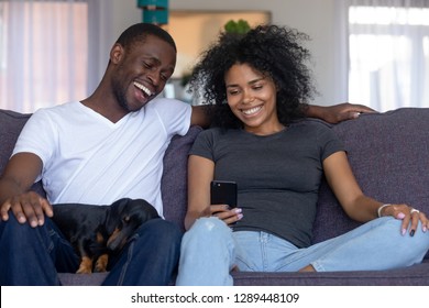 Happy Black African Couple With Pet Laughing Looking At Smartphone Taking Selfie, Having Fun In Social Media, Use Cellphone Funny Online App, Watching Video On Phone Sitting With Dog On Couch At Home