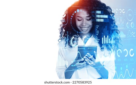 Happy black businesswoman silhouette using tablet, forex analysis hud and stock market with dashboard, empty white background. Concept of business intelligence and KPI