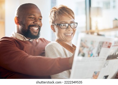 Happy black couple, reading newspaper or magazine in home sofa while relax, for news in living or furniture idea. Love, smile or woman and man happiness in house for bonding, family time or romance - Powered by Shutterstock