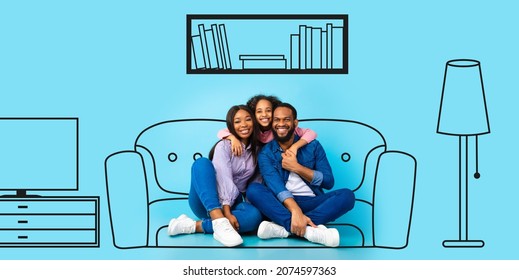 Happy Black Family Imagining Interior Of Their New Flat, Sitting On Drawn Couch Sofa Near Blue Wall, Three Happy People Planning Relocation Repair In Empty Living Room, Creative Collage, Panorama